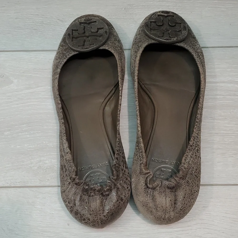 Tory Burch Womens Classic Reva brown distressed Leather Flats Ballet shoes sz 9M